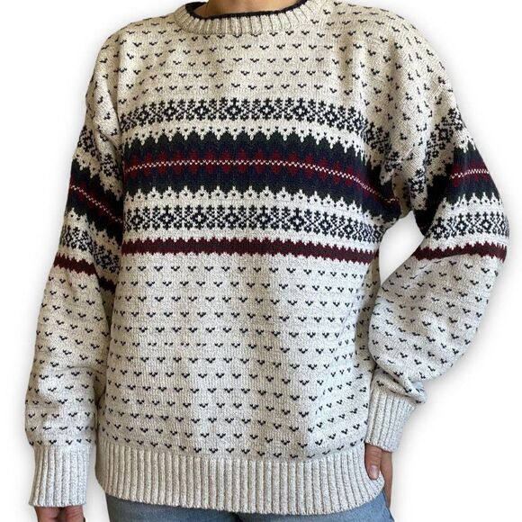 Vintage 90s Unisex Fair Isle Geometric Cotton Retro Ski Grandpa Sweater Sz L - Picture 1 of 7
